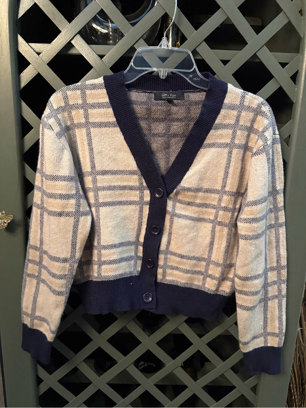 Witty Fox Navy and Cream Plaid V-Neck Button Cardigan